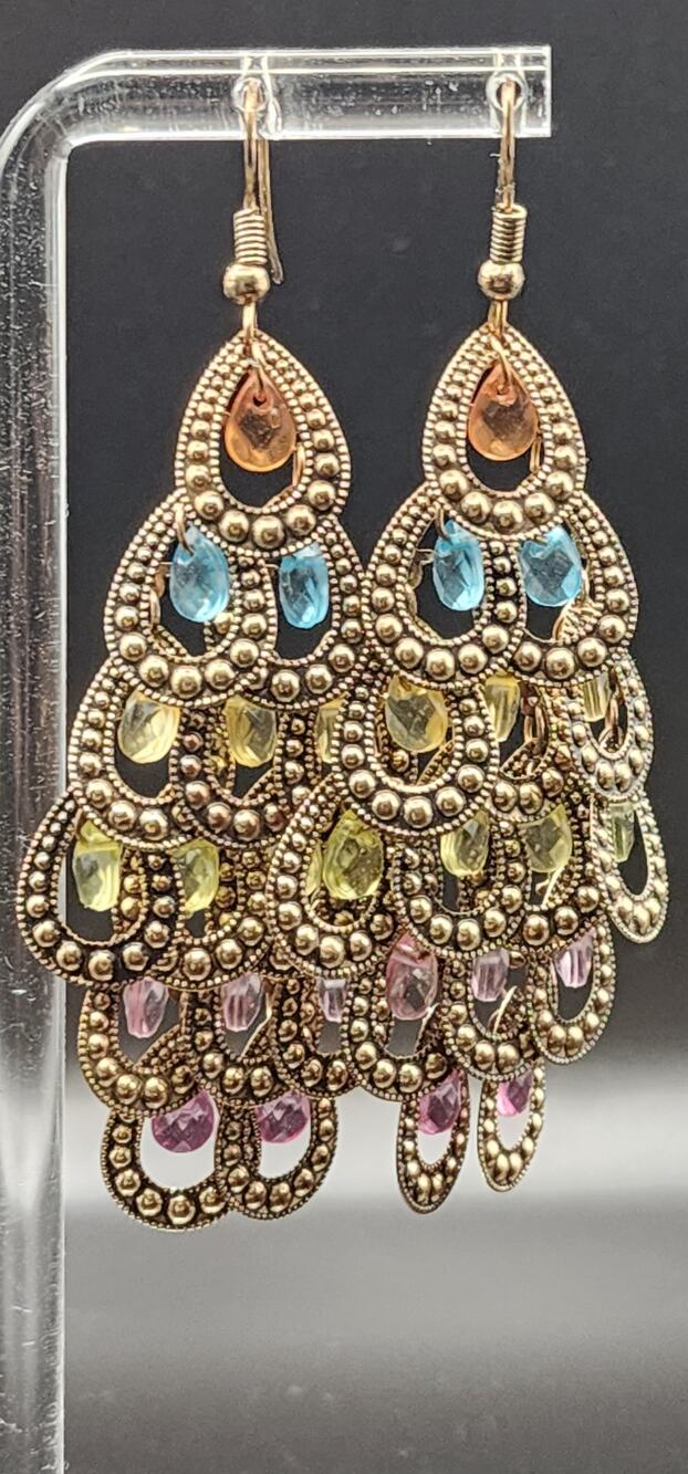 Boho Multicolor Chandelier Earrings Gold Tone Faceted Dangle 3" Statement